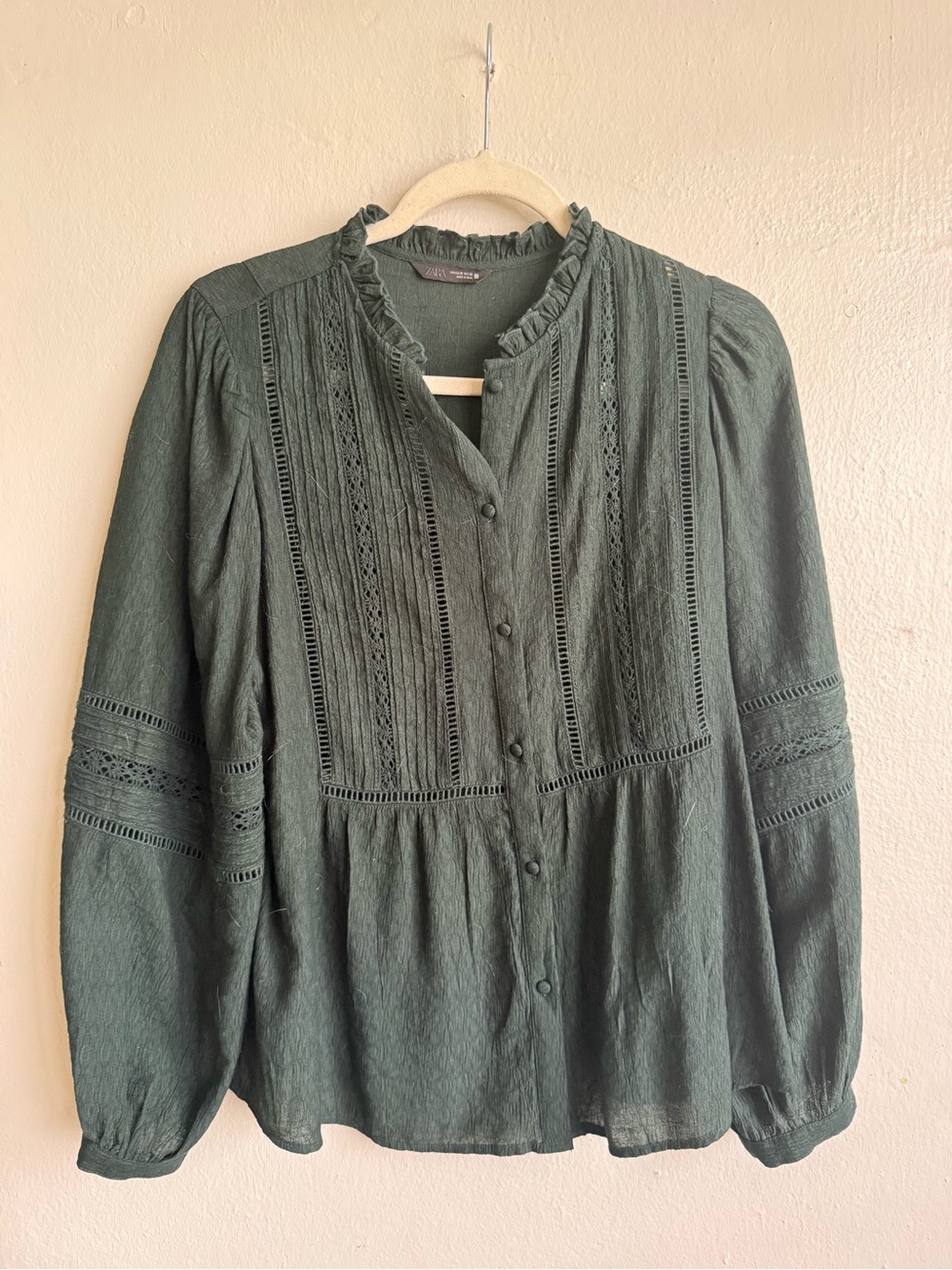 Zara Olive Green Lace-Trim Button Front Blouse